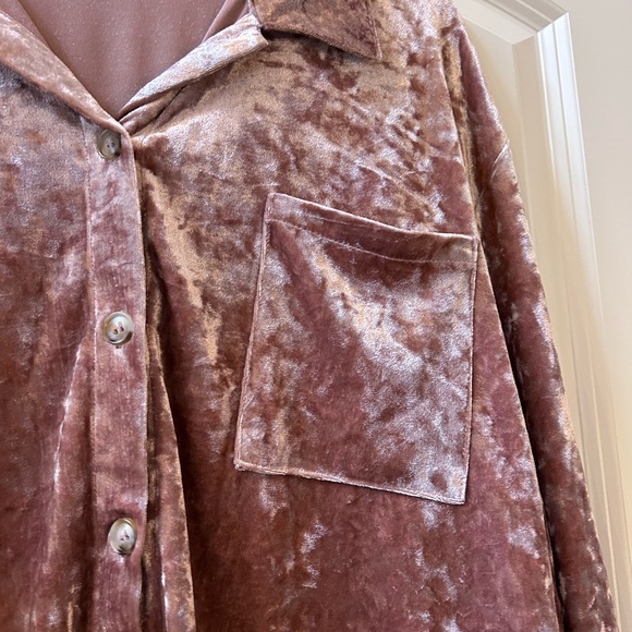 Mystree crushed velvet velour shimmery pink button down tunic top. Whimsigoth - Picture 2 of 16
